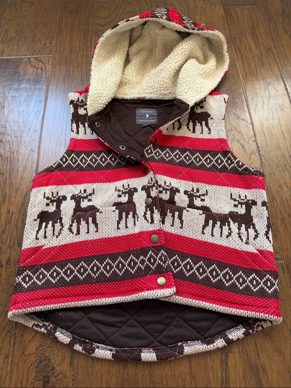 Forever 21 Red, Brown, Cream Reindeer Hooded Knit Vest